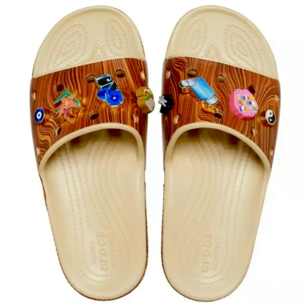 SZA X CROCS CLASSIC WOODGRAIN SLIDES SANDALS SHOES WITH JIBBITZ - SIZE W7